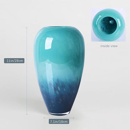 11" Tall Teal Glass Vase for Flowers, Hand Blown Gradient Decorative Vase for Home Decor, Centerpiece, Dining Table, Shelf, Mantel, Bathroom, Entryway, Countertop, Gift for Friends
