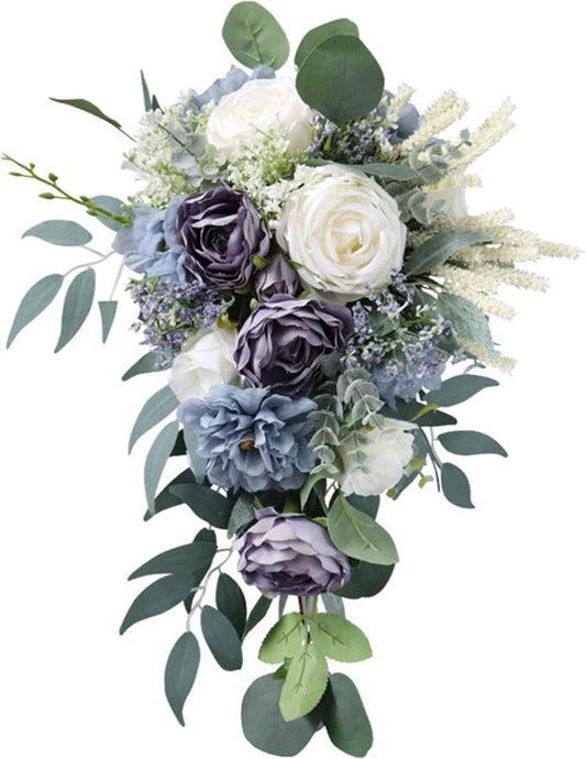 Bridal Bouquets for Bride, Haze Blue Wedding Bouquets for Bride Artificial Roses Flowers Waterfall Bridal Bouquet Cascading Wedding Bouquet for Wedding Party Bridal Shower Decoration