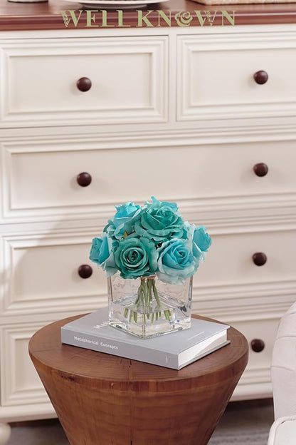 WELL KNOWN Rose Artificial Flowers in Vase with Faux Water, Silk Rose Table Centerpieces for Home Coffee Table Decor, Fake Roses Flower Arrangements for Office Hotel Lavatory Decor (Teal Blue)