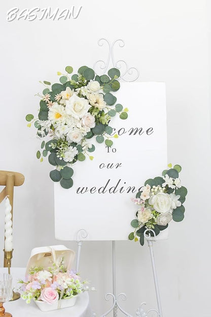 2pcs Wedding Arch Flowers,Wedding Artificial Sign Flower,Welcome Easel Door Decor Wall swags for Reception Backdrop Table Decorations Welcome Sign (Champagne White)
