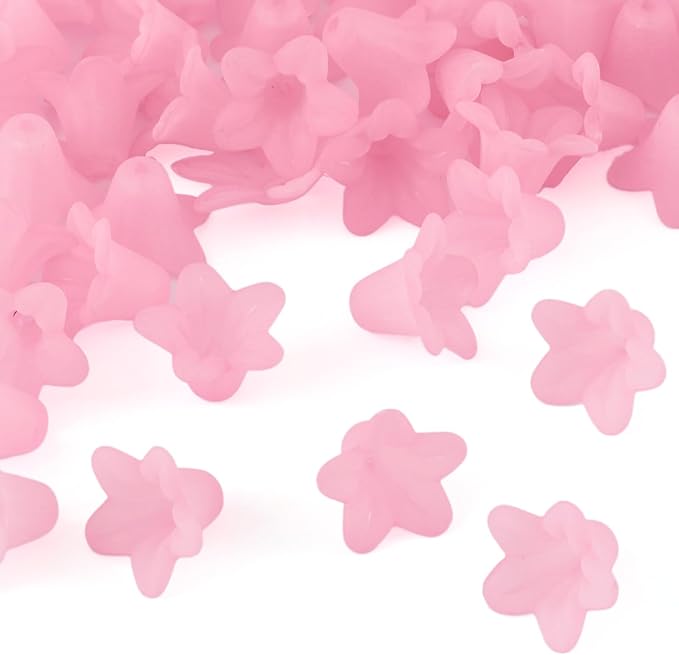 Crafans 50Pcs Frosted Acrylic Flower Beads Pink Floral Pendants Trumpet Flower Bead Caps Loose End Spacer Beads for Jewelry Making Supplies 17.5x12x1.5mm