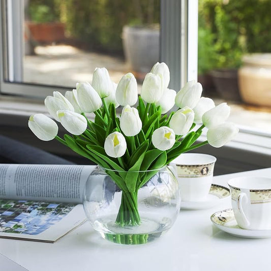 ENOVA FLORAL 20 PCS White Tulips Artificial Flowers with Vase, Real Touch Tulips Floral Arrangements in Vase, Fake Flowers in Vase for Home Office Decor (White)