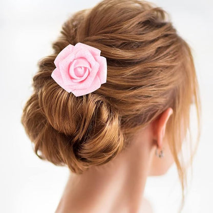 IPOPU Artificial Roses,25pcs Pink Roses Artificial Flowers Glitter Flowers Foam Rose with Stem for DIY Wedding Bridal Bouquet Home Party Decoration(Pink)
