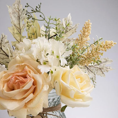 Silk Rose Flowers in Vase, Artificial Flowers Arrangement with Glass Vase Faux Hydrangea Rose for Decoration Table Centerpiece (Hydrangea Rose)