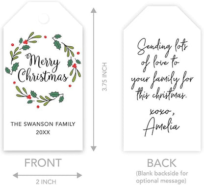 Andaz Press Personalized Christmas Holiday Season Classic Gift Tags, Merry Christmas Custom Family Name and Year, Christmas Holly Wreath Design, for Holiday Events, Parties, and Favors, 60-Pack