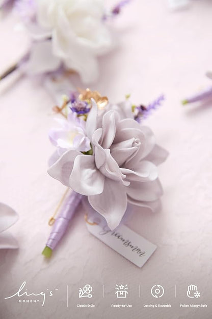 Ling's moment Boutonniere for Men, 6pcs Groom Groomsmen Boutonniere, Artificial Flowers for Wedding Decor/Prom/Homecoming, etc.Purple Lilac Lavender