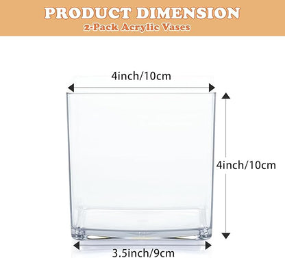 2 Pack Acrylic Cube Vases 4 X 4 Inch, Clear Square Vases, Shatterproof Flower Vase Decorative Centerpiece for Home, Wedding