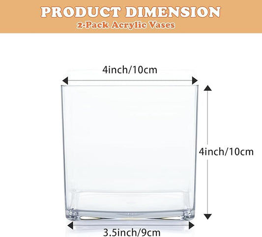 2 Pack Acrylic Cube Vases 4 X 4 Inch, Clear Square Vases, Shatterproof Flower Vase Decorative Centerpiece for Home, Wedding