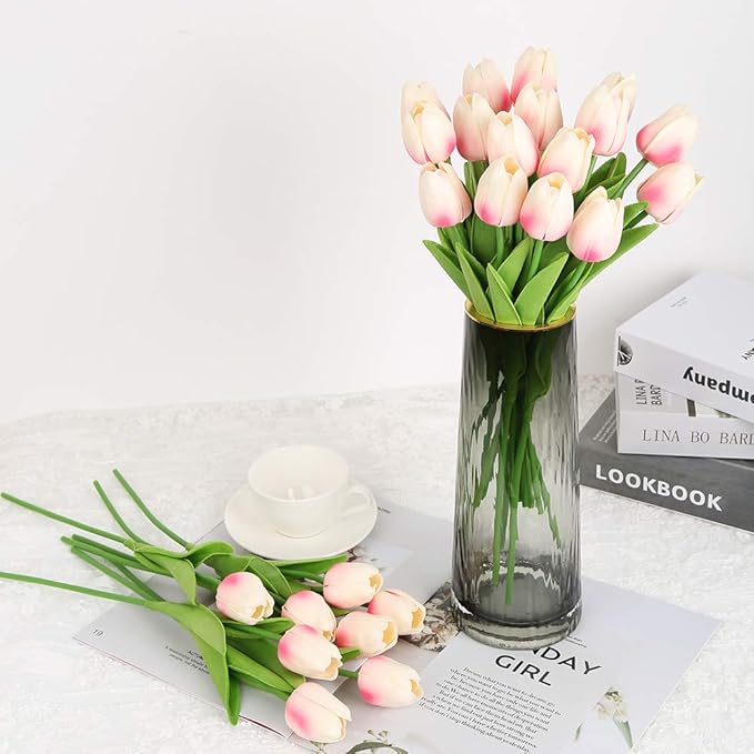 IPOPU 24PCS Pink Tulips Artificial Flowers Light Pink Tulips Fake Flowers for Tulip Flower Arrangements Home Decor Wedding Bridal Bouquet Party Baby Shower Centerpieces (Light Pink)