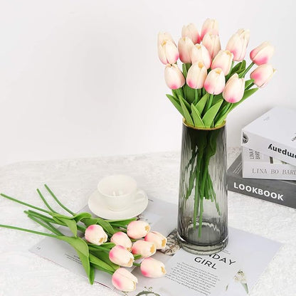 IPOPU 24PCS Pink Tulips Artificial Flowers Light Pink Tulips Fake Flowers for Tulip Flower Arrangements Home Decor Wedding Bridal Bouquet Party Baby Shower Centerpieces (Light Pink)