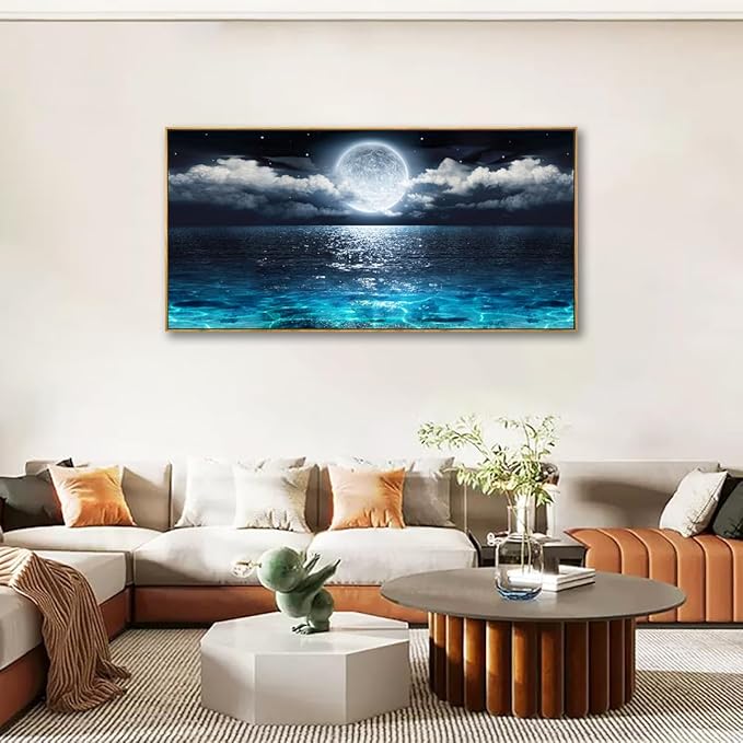 Canvas Wall Art for Living Room Bedroom Office Framed Ocean Beach Wall Art Paintings Pictures Artwork Moon Waves Blue Wall Decor 2.7cm Thick Frame, 20 * 40inch