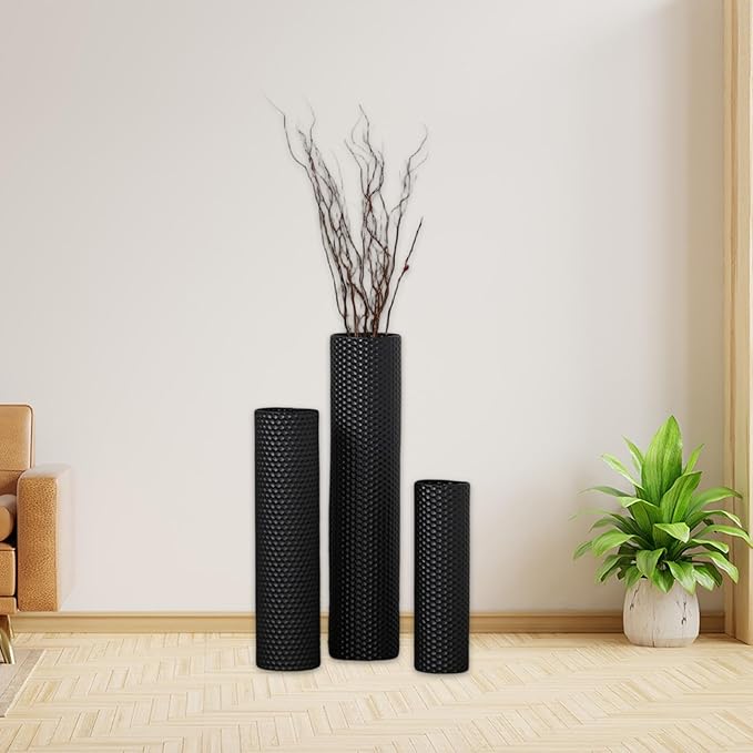 Qianly 3 Pieces Floor Vases Set Flower Container, Creative, Floor Standing Decorative Cylinder Vase for Corner Bedroom Fireplace