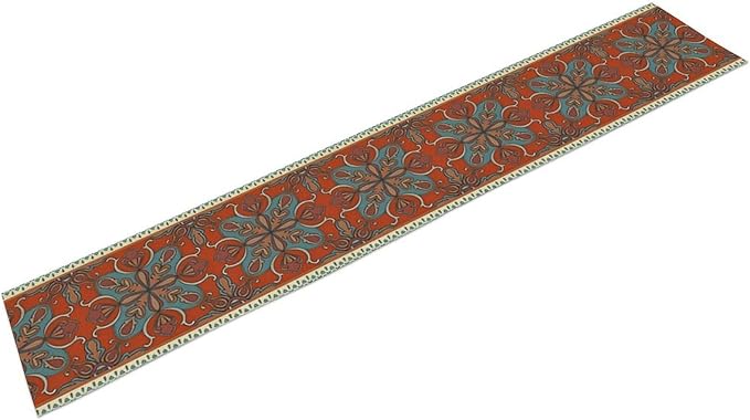 Boho Floral Table Runner, Burnt Orange Blue Traditional Ethnic Flower Vintage Farmhouse Table Runner for Kitchen Dining Wedding Party Decor, 13x70 Inch