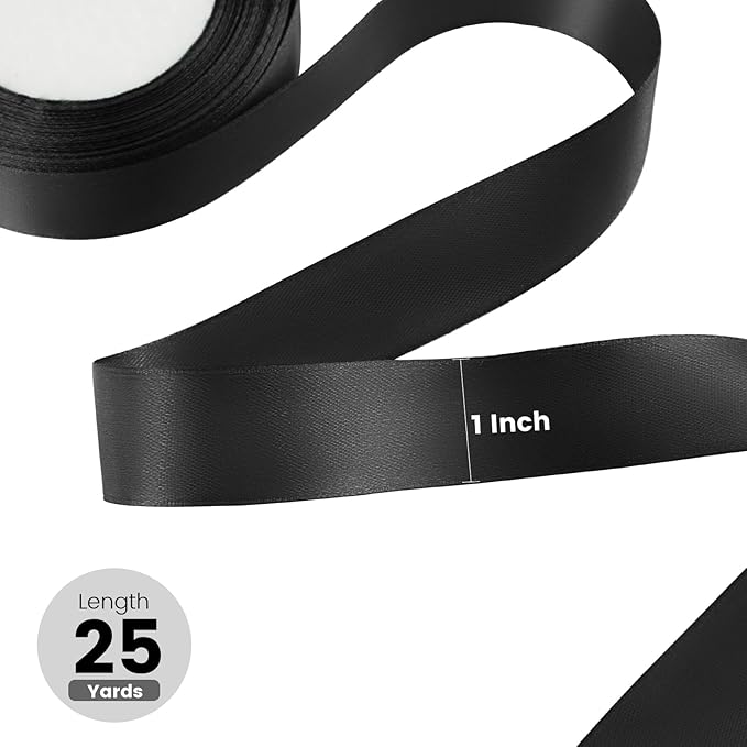 1" x 25 Yards Satin Ribbon, Black Silk Ribbon Ideal for Gift Wrapping, Floral Bouquets, Crafts, Wedding Party Decorations, Christmas and Sewing Projects