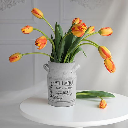 Antique White Galvanized Metal Flower Vase Large Decorative Kettle with Letters Pattern for Desktop Flower Arrangement Home Garden Office Ornament