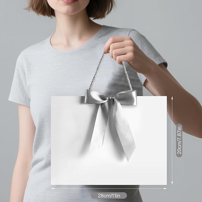 JMANNI Gift Bags, 2Pcs Paper Gift Bag with 4 Tissue Papers and 2 Cards, Present Bags with Handles for Women Girls Bridesmaid Birthday Valentines Wedding Party, White