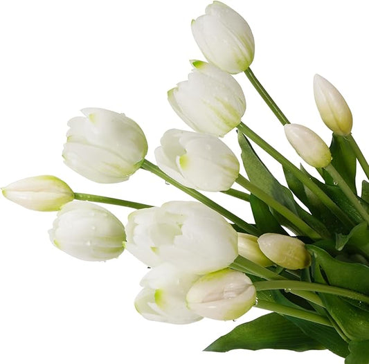 15Pcs Fake Tulips Artificial Flowers Real Touch Latex Bouquet Faux Tulips for Centerpiece Arrangements Wedding Party Home Décor (White)