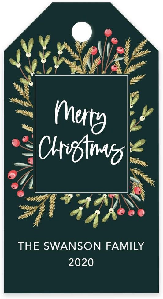 Andaz Press Personalized Christmas Holiday Season Classic Gift Tags, Merry Christmas Custom Family Name and Year, Christmas Square Wreath Design, for Holiday Events, Parties, and Favors, 60-Pack