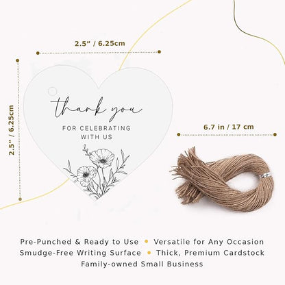 50 Heart Thank You Gift Tags with String Attached, Small Thank You for Celebrating with Us Gift Bag Tags for Presents and Personalized Party Favors - Baby Shower, Wedding, Bridal Shower, Birthday