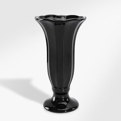 Black Fluted Ceramic Vase with Pedestal Base, 10 Inch Tall Modern Flower Vase for Dining Table Decor, Centerpieces, Countertops, Decorative Vases for Home Decor, Living Room, Kitchen, Wedding