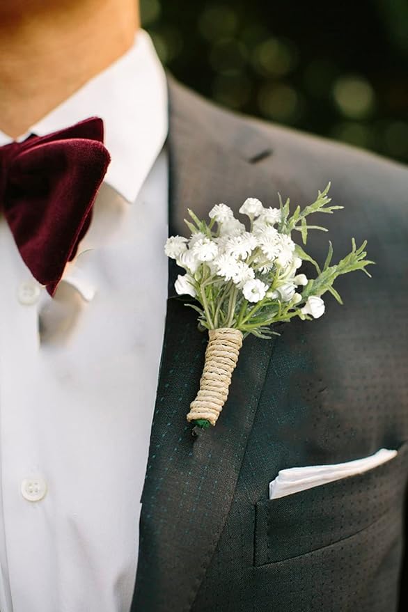 Baby Breath Boutonnieres for Men Wedding,Set of 10, Natural White Groom and Groomsmen Boutonniere with Pin for Rustic Fall Vintage Wedding, Prom and Homecoming