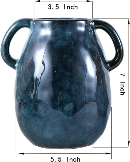 Blue Ceramic Vase with 2 Handles, Modern Farmhouse Decor, Rustic Terracotta Pottery, Decorative Flower Vases, Clay Small Vase, Centerpiece for Dining Table - 7 Inch Tall