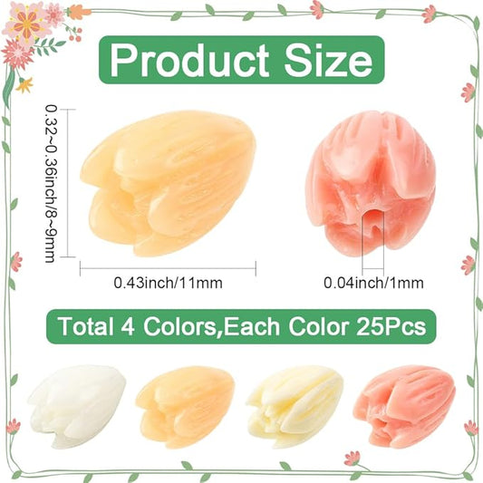 1 Box 100Pcs Carved Flower Beads Colorful Floral Beads Assorted 3D Jasmine Synthetic Coral Dyed Crafts Smooth Loose Spacers for Jewelry Making Bracelets Necklaces DIY Projects Accessories