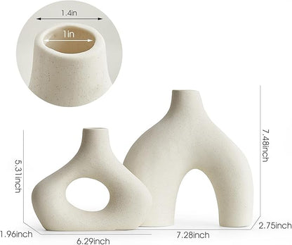 AWNR White Ceramic Vase Set of 2 for Modern Home Decor, Minimalist Round Donut Flowers Vase for Centerpieces Unique Neutral Boho Vase for Living Room Tv Stand Dining Room Dinner Table Decoration