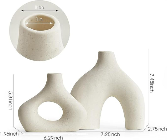 AWNR White Ceramic Vase Set of 2 for Modern Home Decor, Minimalist Round Donut Flowers Vase for Centerpieces Unique Neutral Boho Vase for Living Room Tv Stand Dining Room Dinner Table Decoration