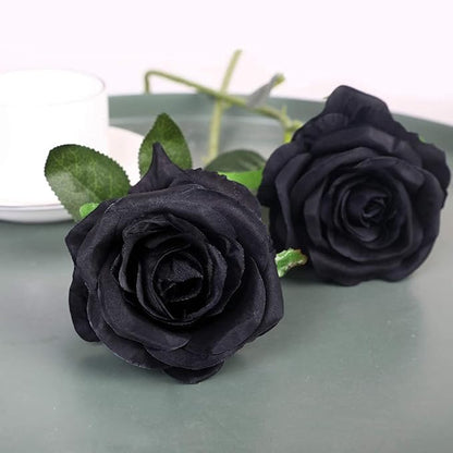 Kisflower 12PCS Black Roses Artificial Flowers Fake Roses Glitter, Silk Roses with Stems Realistic for Halloween Decorations Wedding Party Office Home Decor (Black)