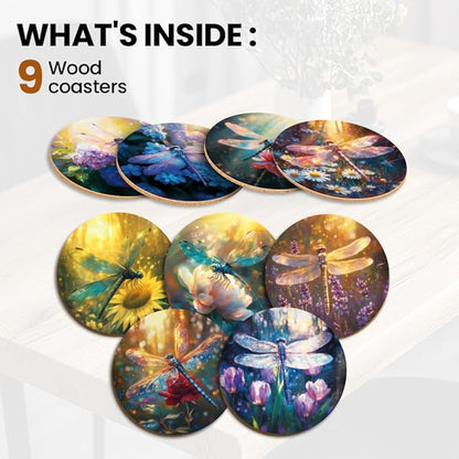 ANATTASOUL Coasters Set of 9 Fantasy Dragonfly Pattern Colorful Wooden Coasters Bulk Round Housewarming Gift for New Home, 3.9" Decorative Coffee Table Protection for Farmhouse Bar House Decor