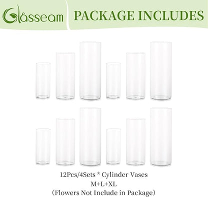 Glasseam Cylinder Vases Set of 12, Hurricane Candle Holder Clear Assorted Sizes, Modern Glass Cylinder Vase, Glass Vases for Centerpieces for Home Decor Wedding Centerpieces, Events, 6''+7.8''+10''