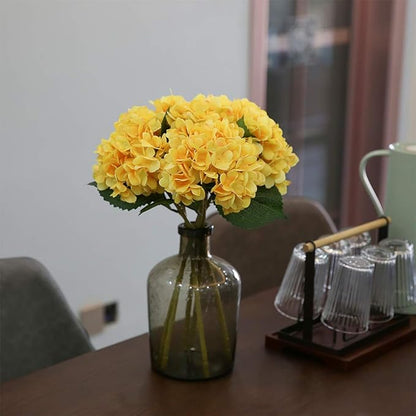 Kimura's Cabin 6pcs Yellow Fake Hydrangea Flower Artificial Silk Hydrangeas Bouquets with Stems Faux Hydrangea for Home Wedding Baby Shower Birthday Party Decoration (Yellow)