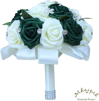 Lightweight Bridal Wedding Bouquet Round Holding Bouquet Throw Toss Artificial Rose Flower Bunch for Bride Bridesmaid Wedding Quinceanera (Cream & Dark Green, 6.7")