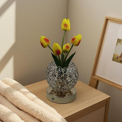 Cordless Tulip Flower Lamps, 3 Colors Touch Stepless Dimming Crystal Night Light, Rechargeable Artificial LED Flower with Vase Lamp Romantic Decor for Mothers Day,Xmas,Birthday (Pink)