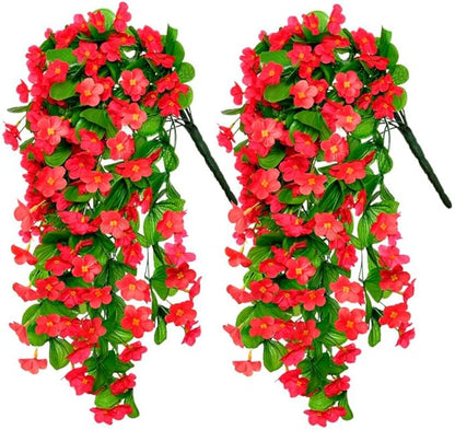 2PCS Artificial Hanging Flowers, Fake Hanging Plants Violet Vines UV Resistant for Wall Home Room Garden Wedding Indoor Outdoor Spring Summer Decoration(Red)
