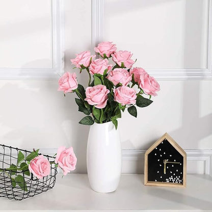Laelfe 12 PCS Artificial Flowers Pink Roses Fake Silk Flowers Long Stem Artificial Roses for Home Wedding Decorations (Pink)