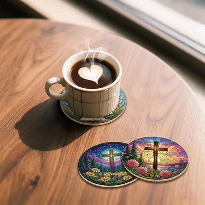 ANATTASOUL Coasters Set of 9 Cross and Flower Pattern Colorful Wooden Coasters Bulk Round Housewarming Gift for New Home, 3.9" Decorative Coffee Table Protection for Farmhouse Bar House Decor