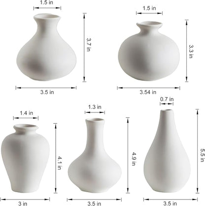 White Ceramic Bud Vase Set of 5, Mini Vases for Flowers, Decorative Small Vases for Home Decor, Boho Wedding Centerpieces, Living Room, Dining Table & Shelf Decor