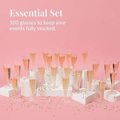 Prestee 100 Gold Plastic Champagne Flutes - 4.5 oz Disposable Champagne Glasses for Toasting at Weddings, Mimosas, Cocktails, Great Gatsby Party Decorations, and Events