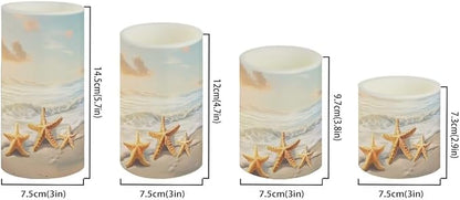 Flameless LED Candle Electric Pillar Candle with Remote Timer Color Changing Control Long Lasting Pack of 4 for Tabletop Coastal Home Indoor Decoration, Beach Gold Starfish
