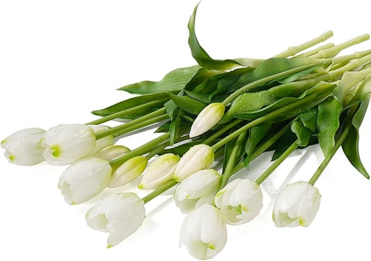15Pcs Fake Tulips Artificial Flowers Real Touch Latex Bouquet Faux Tulips for Centerpiece Arrangements Wedding Party Home Décor (White)