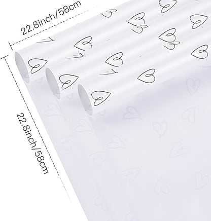 LeZakaa 20 Sheets Valentine Flower Wrapping Paper, White with Black Heart Pattern Waterproof Floral Bouquet Paper, for Valentines, Mothers Day, Party, Romantic Birthday, Wedding, Anniversary