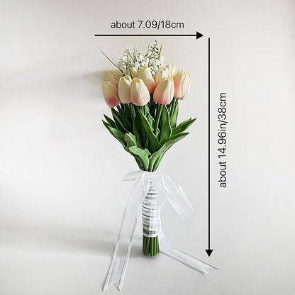 Artificial Floral Tulip Bouquet 20pcs Artificial Tulip Flowers,Bridesmaid Bouquet with Wedding Ceremony Festivals Anniversary Bridal Rehearsal Party Bar Table Decor (Light Pink)