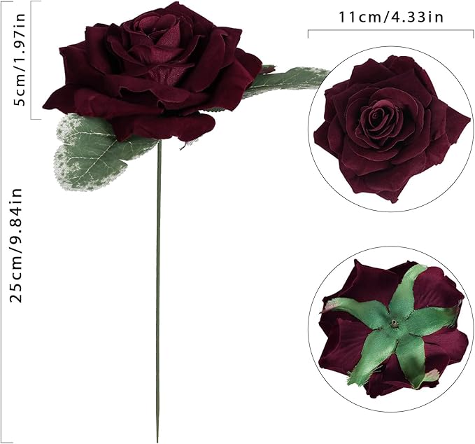 Burgundy Roses 16pcs Artificial Velvet Roses Maroon Flowers 4.3" Burgundy Fake Flowers Dark Red Roses for Wedding Bouquet Flowers for Floral Centerpieces Home Party Decor (Burgundy)