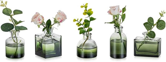 Glasseam Green Glass Bud Vase: Mini Small Vases for Centerpieces Cute Flower Vase Set of 5 Tiny Vases for Flowers Decorative Centerpiece Decor Table Wedding Party Dining Room Decoration