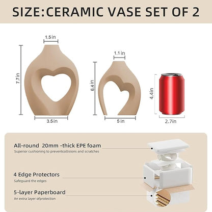 Brown Vases for Decor, Heart Shaped Ceramic Vase Set of 2, Nordic Heart Shaped Vases, Minimalist Decorative Vase for Table Centerpiece Wedding Dining Living Room Office House Decoration