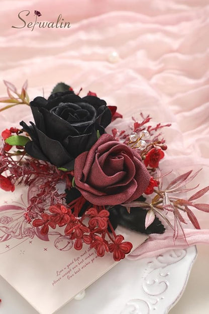 Serwalin Set of 2 Boutonniere for Men, 6-7inch Corsage Groom Groomsman Best Man Boutonnieres for Wedding Prom Ceremony Anniversary Party Cake Topper, Black Burgundy
