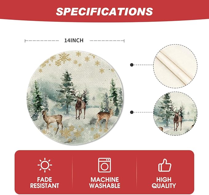 Artoid Mode Watercolor Deer Trees Snowflakes Christmas Round Placemats Set of 4, 14 Inch Winter Round Table Mats for Dining Decoration