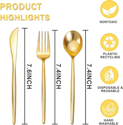 Rubtlamp 90Pcs Christmas Gold Plastic Silverware, Gold Disposable Christmas Utensils, Plastic Cutlery Include 30 Plastic Knives, 60 Forks and Spoons, Fancy Plastic Silverware Heavy Duty for Party